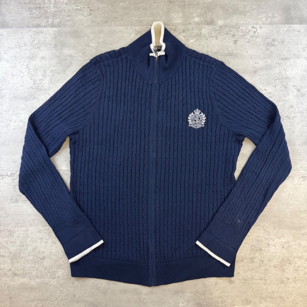 Lauren Ralph Lauren Navy Blue Cable Knit Full Zip Crest Cardigan Sweater Large